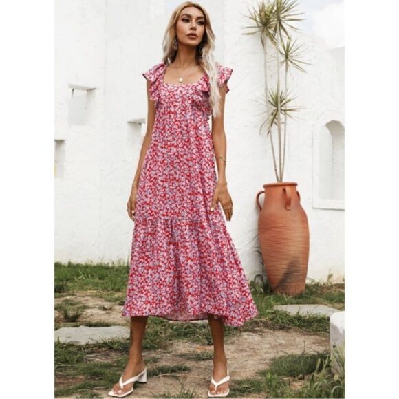 ZARA FLORAL RUFFLED MIDI DRESS - Picture 1 of 3